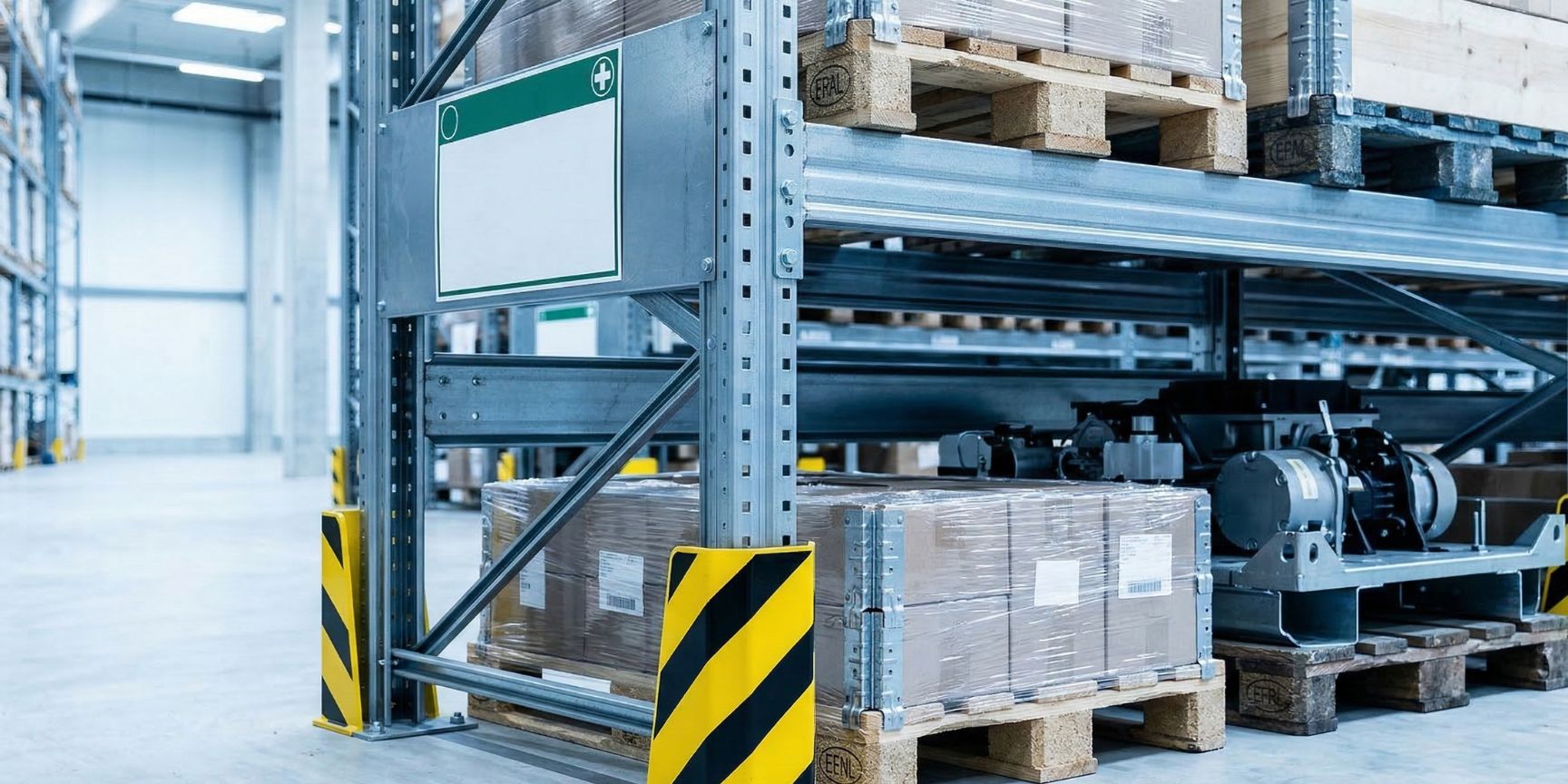 Nahaufnahme der Basis eines Breitgangregals. Ein gelb-schwarzer Anfahrschutz sichert den Regalpfosten. Im Regal stehen eine Euro-Palette und eine breitere Industrie-Palette. Eine Stahlverstrebung als Durchschubsicherung ist im Hintergrund erkennbar.